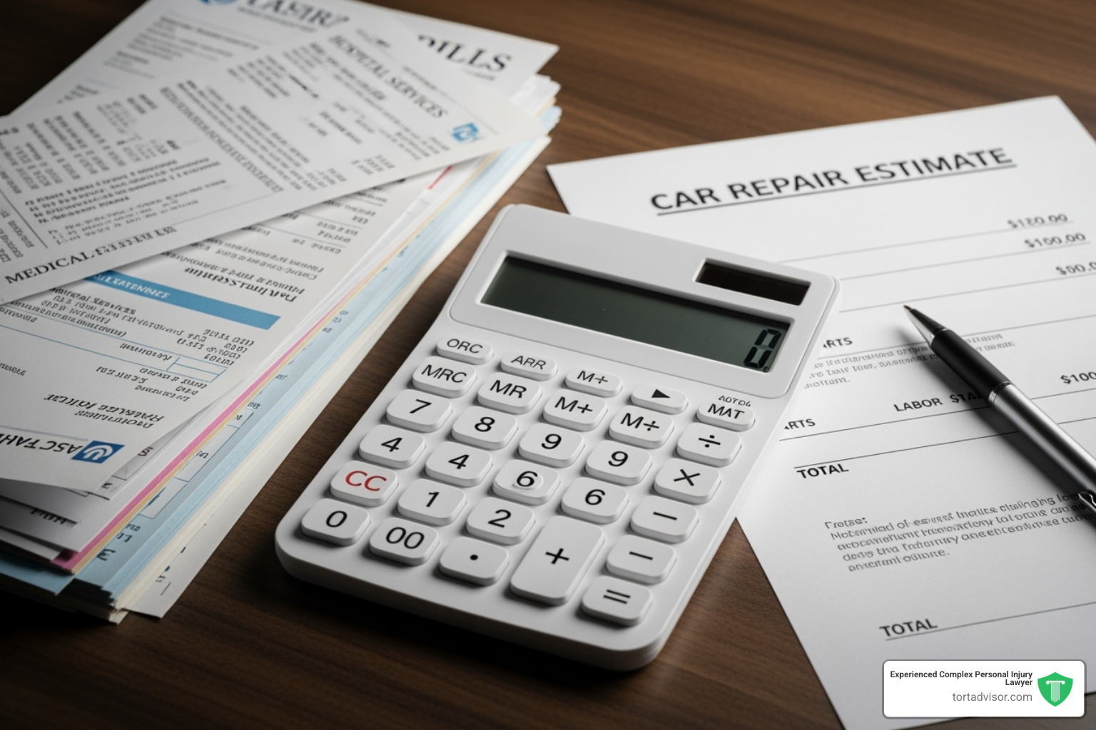 Calculator, medical bills, and a car repair estimate - personal injury lawyer Miami
