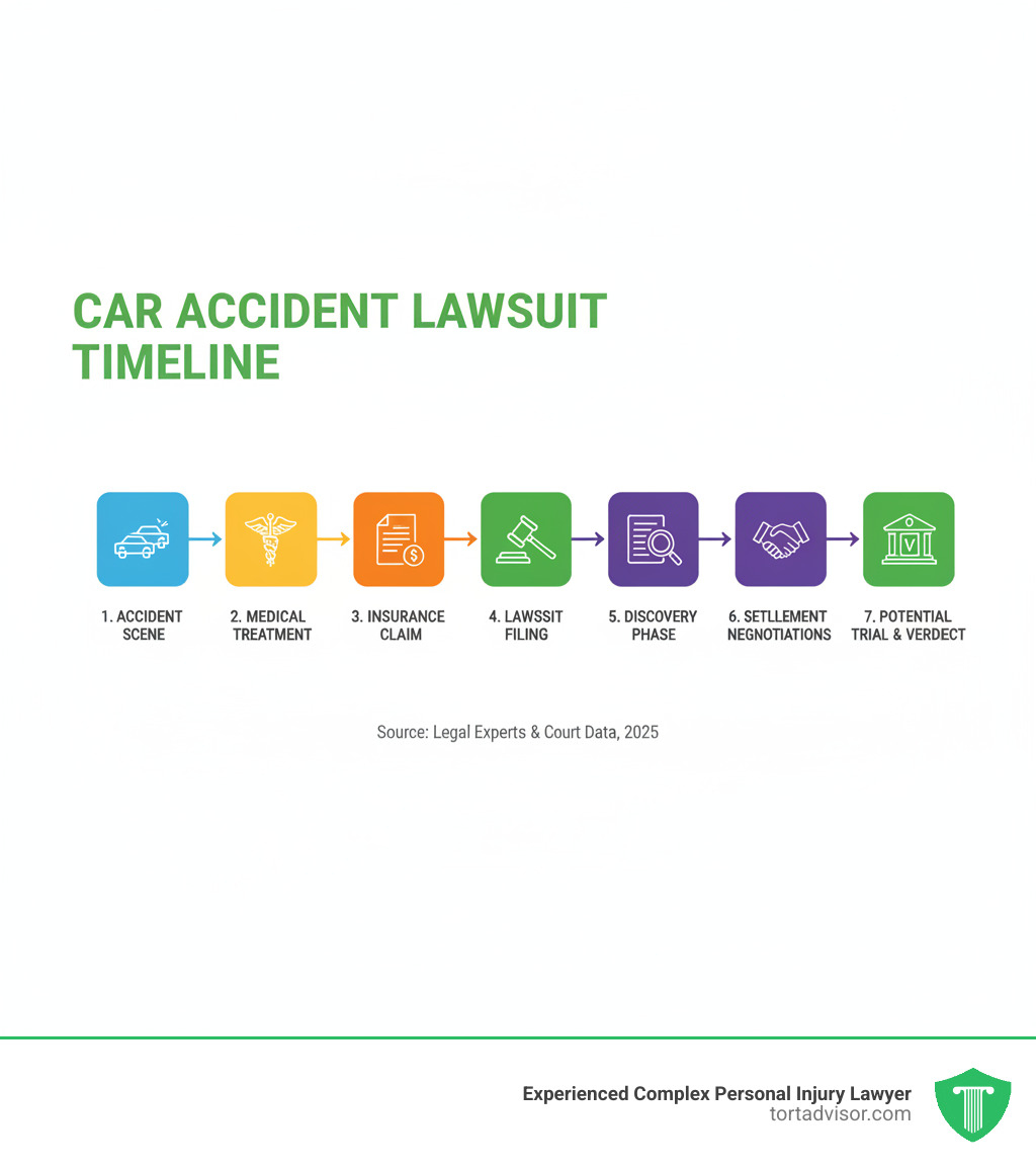 infographic showing the car accident lawsuit timeline from accident scene through medical treatment, insurance claim filing, lawsuit filing, discovery phase, settlement negotiations, and potential trial verdict - how does a lawsuit work for a car accident infographic 