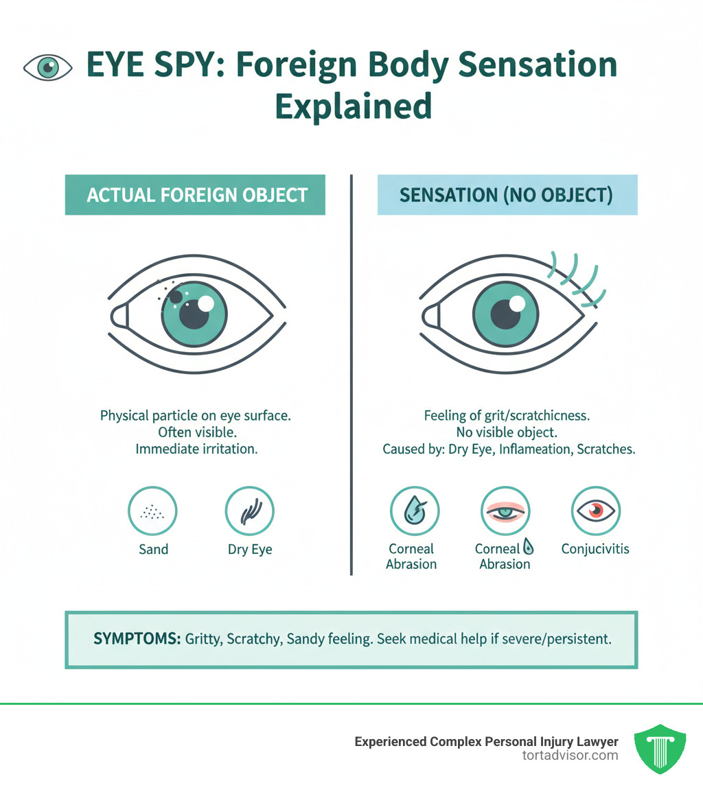 infographic explaining the difference between an actual foreign object in the eye and the sensation caused by other conditions - foreign body sensation infographic 