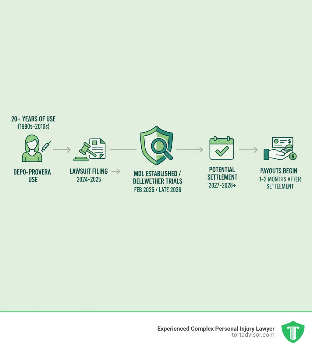 Infographic showing timeline from Depo-Provera use to lawsuit filing to potential settlement - depo-provera lawsuit payout date infographic 