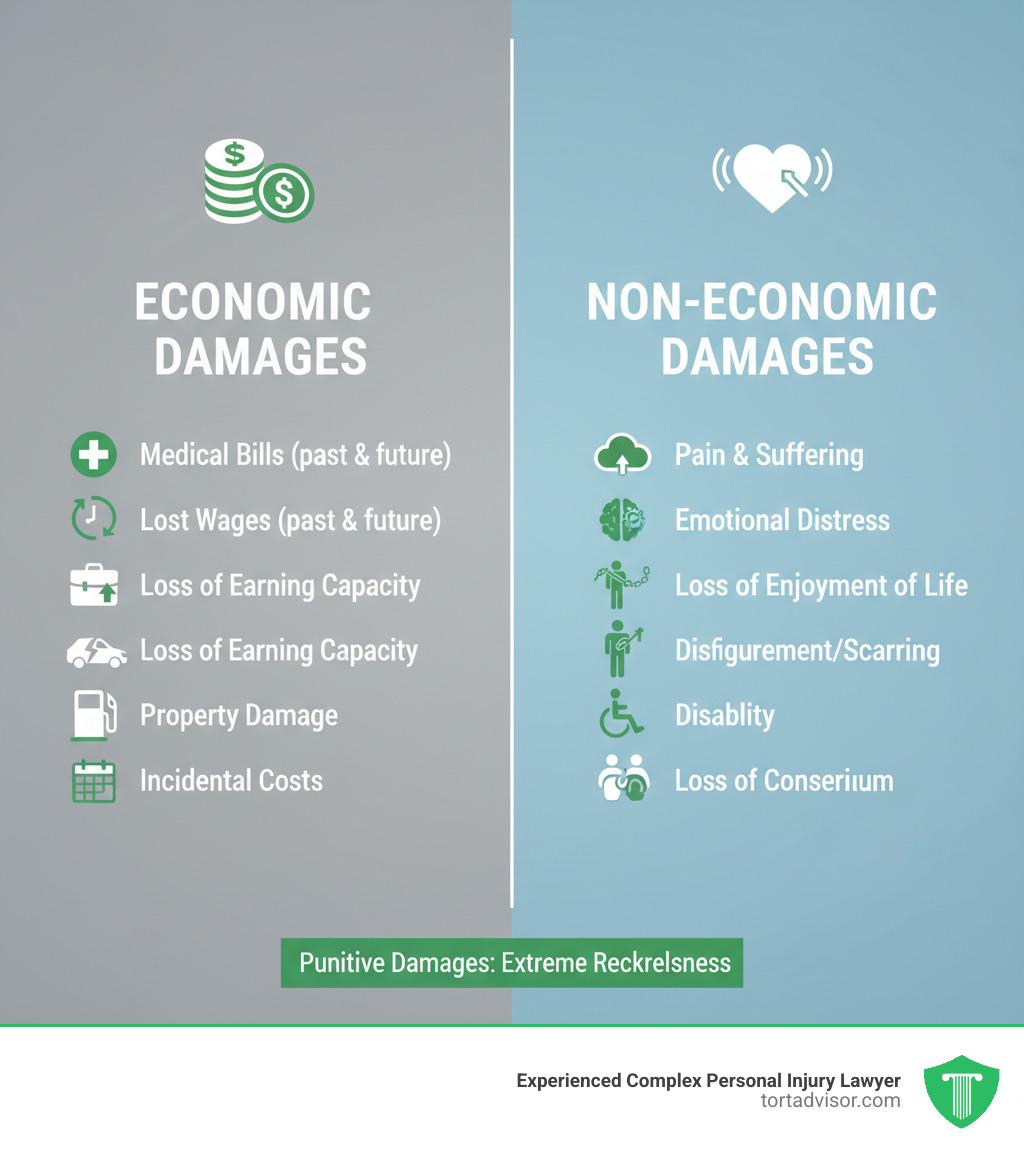 Table comparing Economic vs. Non-Economic Damages - car accident lawyer Hollywood infographic 