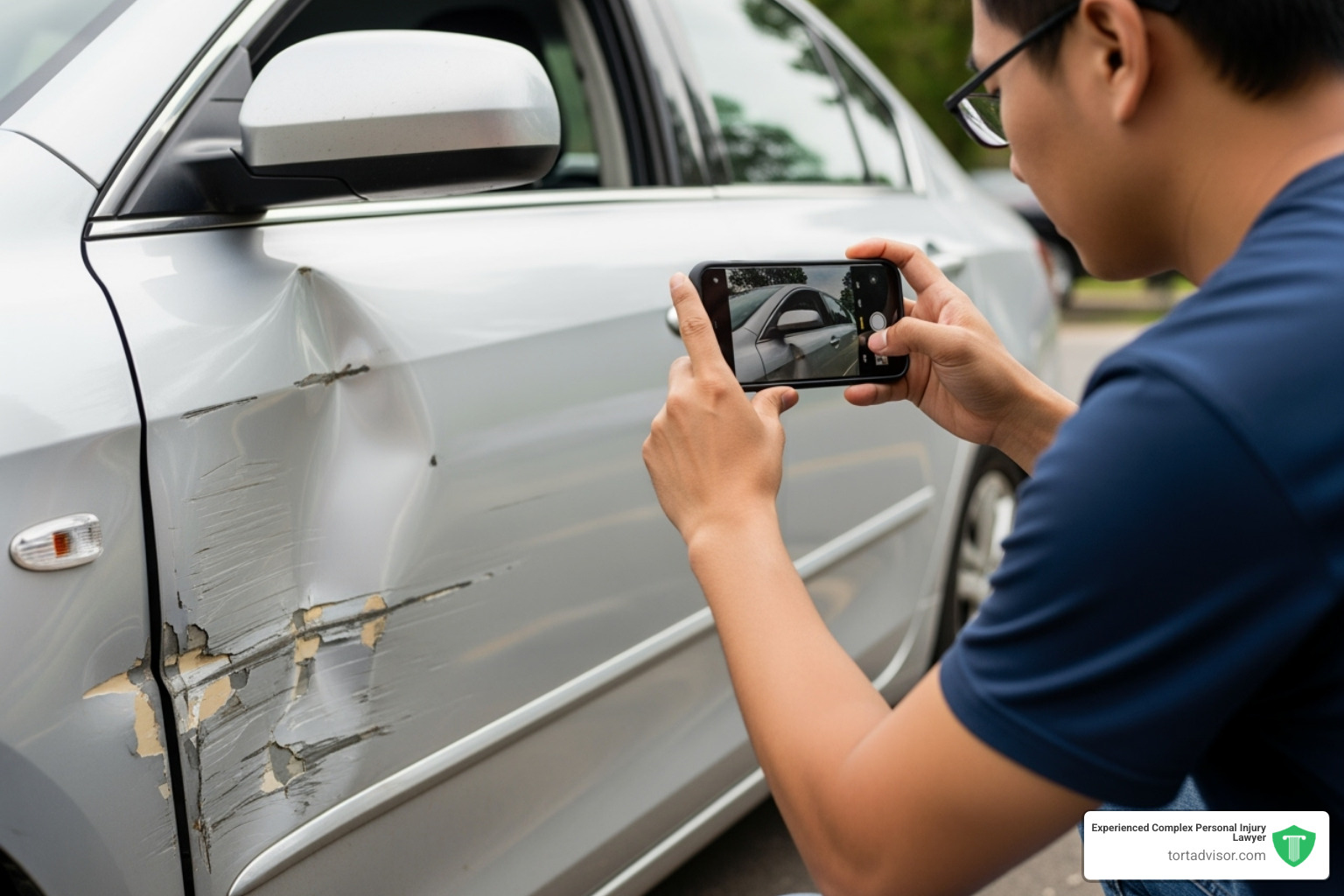 driver taking photos of vehicle damage with a smartphone - car accident lawyer Hollywood