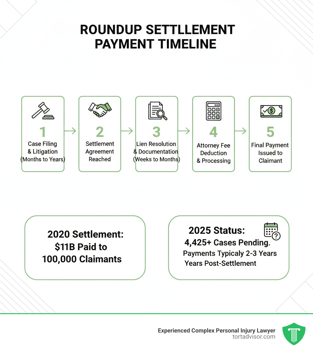 Infographic showing the Roundup settlement payment timeline: 1) Case filing and litigation (months to years), 2) Settlement agreement reached, 3) Lien resolution and documentation (weeks to months), 4) Attorney fee deduction and processing, 5) Final payment issued to claimant. Timeline shows 2020 settlement paid $11B to 100,000 claimants, while 4,425+ cases remain pending in 2025 with payments typically taking 2-3 years after settlement. - when will roundup settlements be paid infographic  Infographic showing the Roundup settlement payment timeline: 1) Case filing and litigation (months to years), 2) Settlement agreement reached, 3) Lien resolution and documentation (weeks to months), 4) Attorney fee deduction and processing, 5) Final payment issued to claimant. Timeline shows 2020 settlement paid $11B to 100,000 claimants, while 4,425+ cases remain pending in 2025 with payments typically taking 2-3 years after settlement. - when will roundup settlements be paid infographic