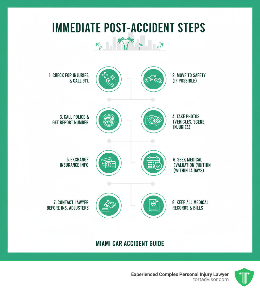 Infographic showing immediate post-accident steps: 1) Check for injuries and call 911, 2) Move to safety if possible, 3) Call police and get a report number, 4) Take photos of vehicles, scene, and injuries, 5) Exchange insurance information, 6) Seek medical evaluation within 14 days, 7) Contact a lawyer before speaking to insurance adjusters, 8) Keep all medical records and bills - car accident injury lawyer miami infographic 