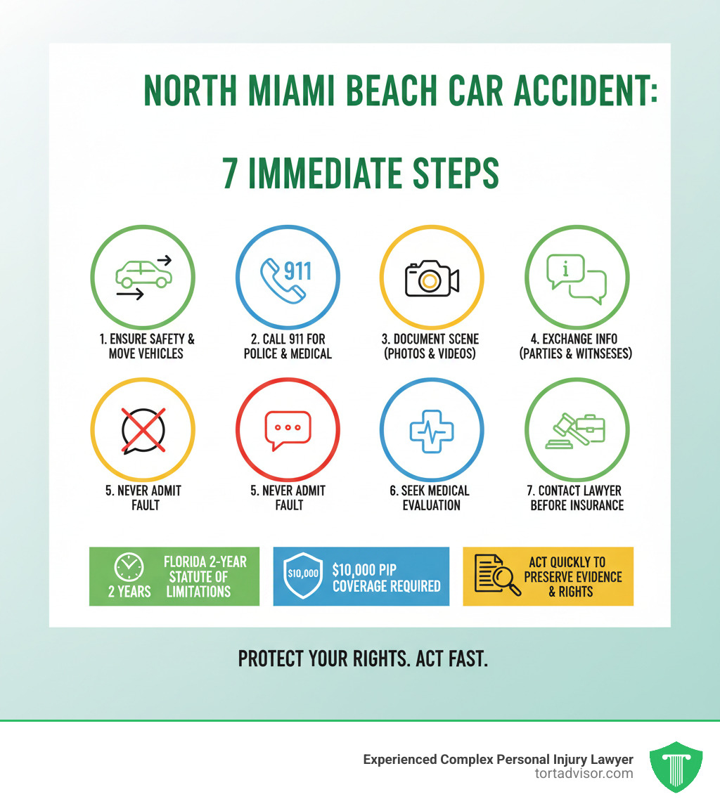 Infographic showing the 7 immediate steps after a North Miami Beach car accident: 1) Ensure safety and move vehicles if possible, 2) Call 911 and request police and medical assistance, 3) Document the scene with photos and videos, 4) Exchange information with all parties and witnesses, 5) Never admit fault or give recorded statements, 6) Seek medical evaluation even if you feel fine, 7) Contact a car accident lawyer before speaking to insurance companies. Additional details include Florida's 2-year statute of limitations, the $10,000 PIP coverage requirement, and the importance of acting quickly to preserve evidence and protect your legal rights - north miami beach car accident lawyer infographic 