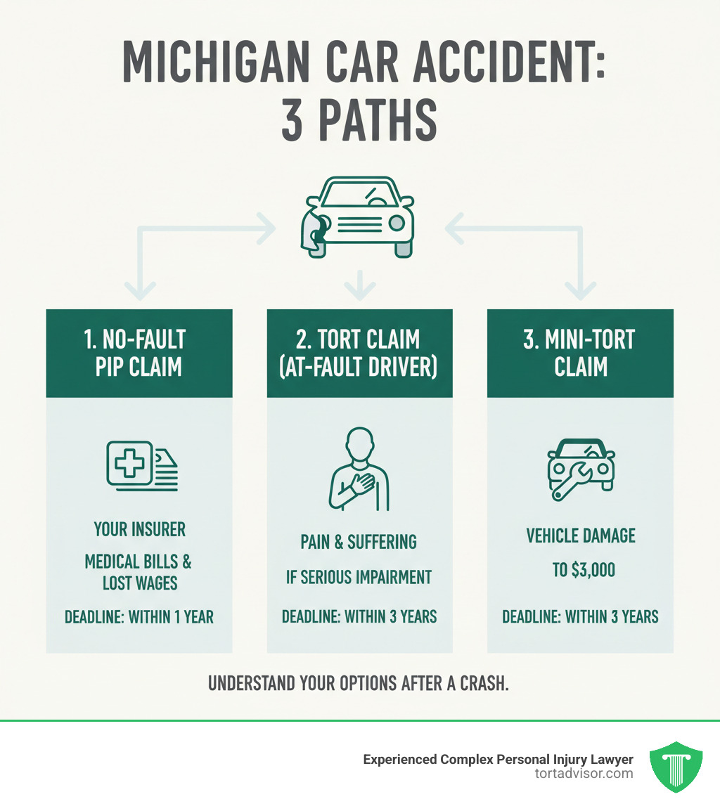 infographic showing three paths after a Michigan car accident: No-Fault PIP claim to your insurer for medical bills and lost wages within 1 year, Tort claim against at-fault driver for pain and suffering within 3 years if serious impairment threshold is met, and Mini-Tort claim for vehicle damage up to 3000 dollars within 3 years - how does a car accident lawsuit work michigan infographic 