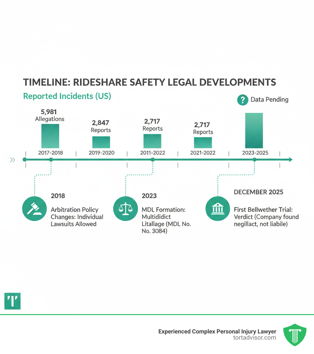 Timeline of Uber sexual assault incidents and legal developments from 2017-2025, showing reported incidents by year, key legal milestones including MDL formation in 2023, arbitration policy changes in 2018, and first bellwether trial in December 2025 - uber sexual assault lawsuits infographic  Timeline of Uber sexual assault incidents and legal developments from 2017-2025, showing reported incidents by year, key legal milestones including MDL formation in 2023, arbitration policy changes in 2018, and first bellwether trial in December 2025 - uber sexual assault lawsuits infographic