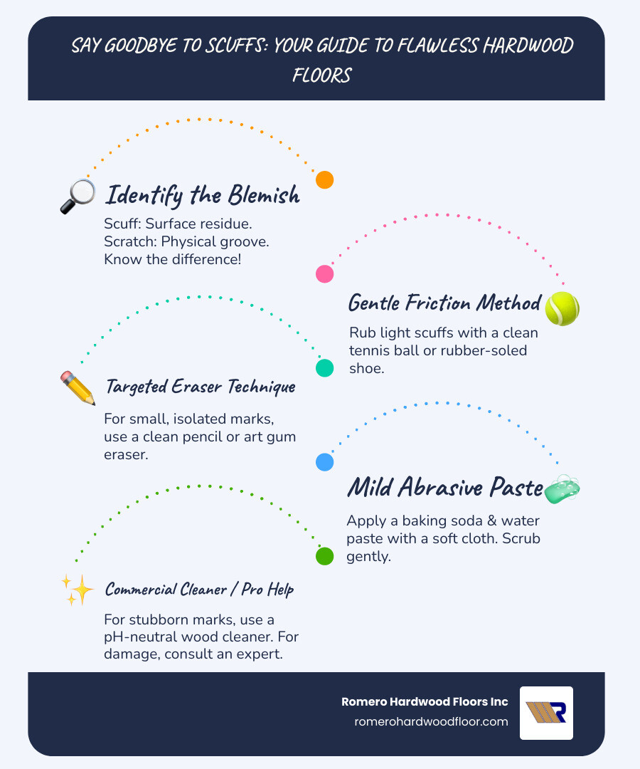 infographic showing step-by-step visual guide for identifying and removing scuff marks from hardwood floors, including images of common household items like tennis balls and erasers, the difference between surface scuffs and deeper scratches, and a decision tree for choosing the right removal method based on scuff severity - Hardwood floor scuff remover infographic infographic-line-5-steps-blues-accent_colors
