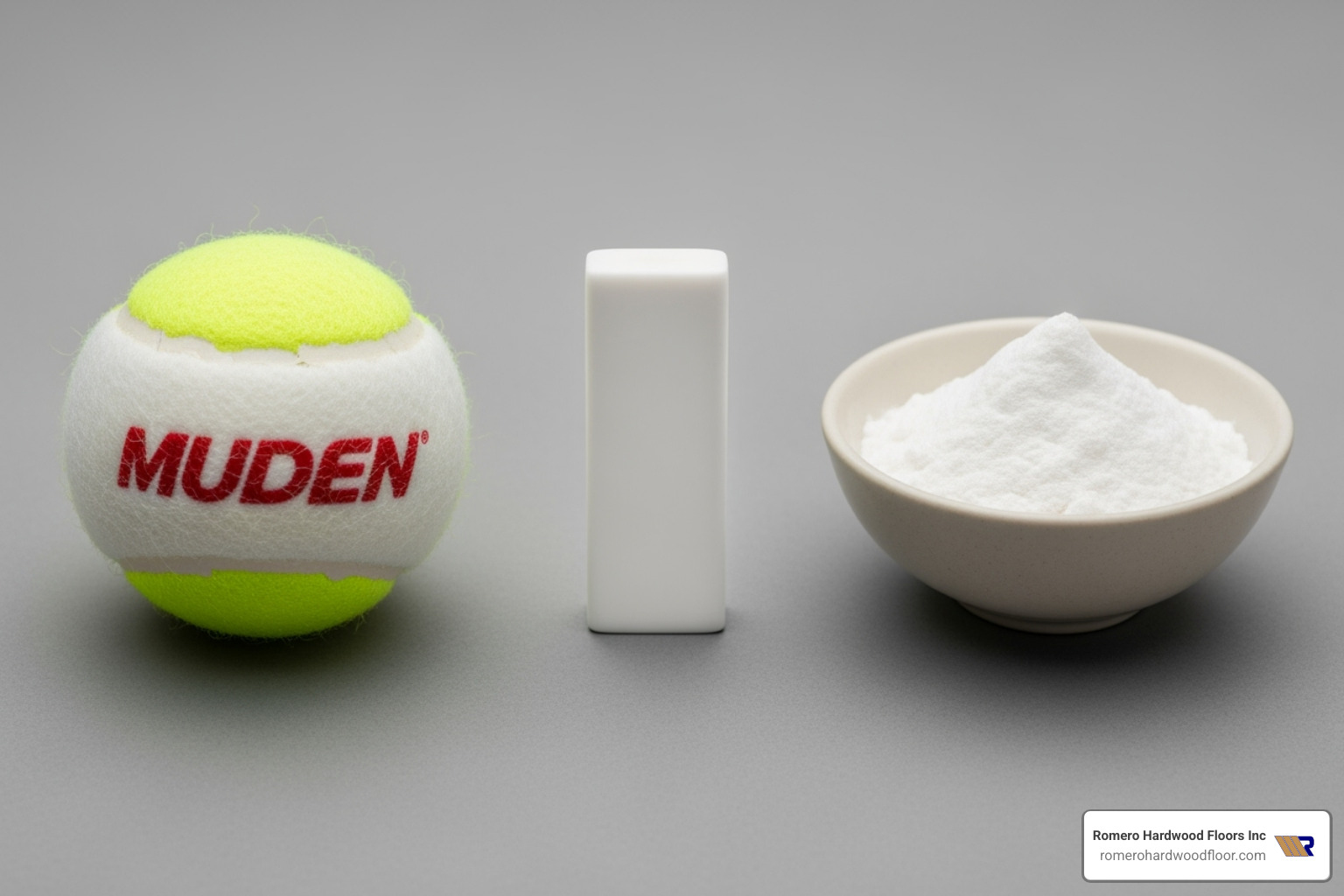 common household items for cleaning, such as a tennis ball, a clean pencil eraser, and a bowl with baking soda paste - Hardwood floor scuff remover