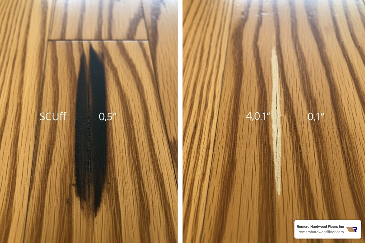 close-up, side-by-side comparison of a dark scuff mark and a light-colored scratch on a hardwood floor - Hardwood floor scuff remover