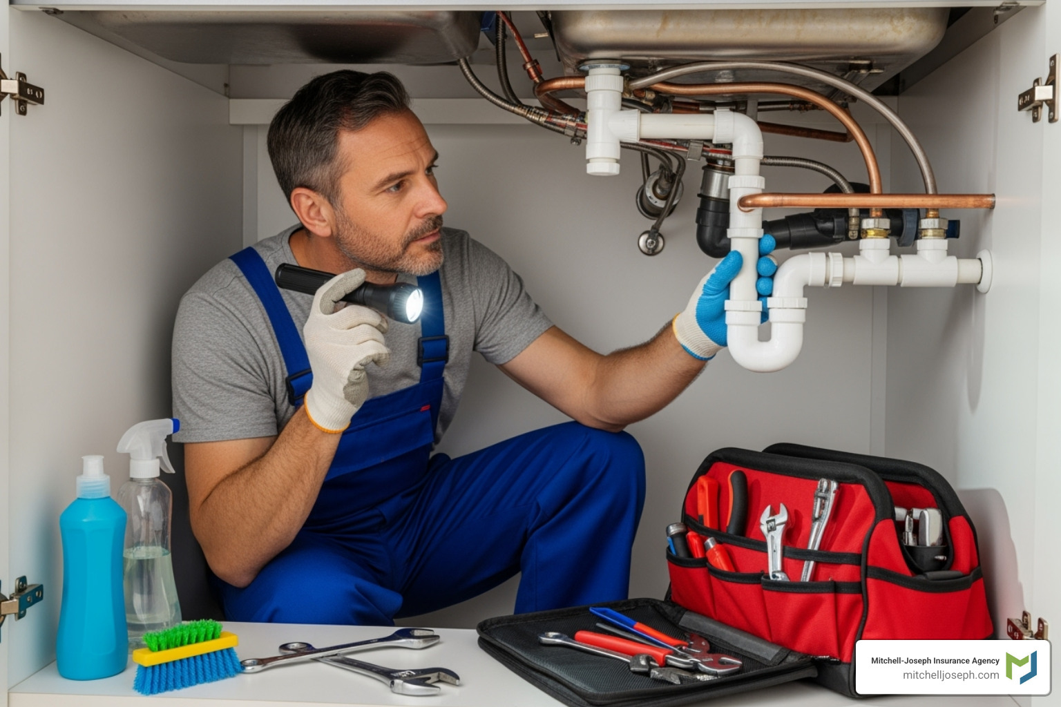 A plumber inspecting pipes under a kitchen sink - does home insurance cover water line breaks
