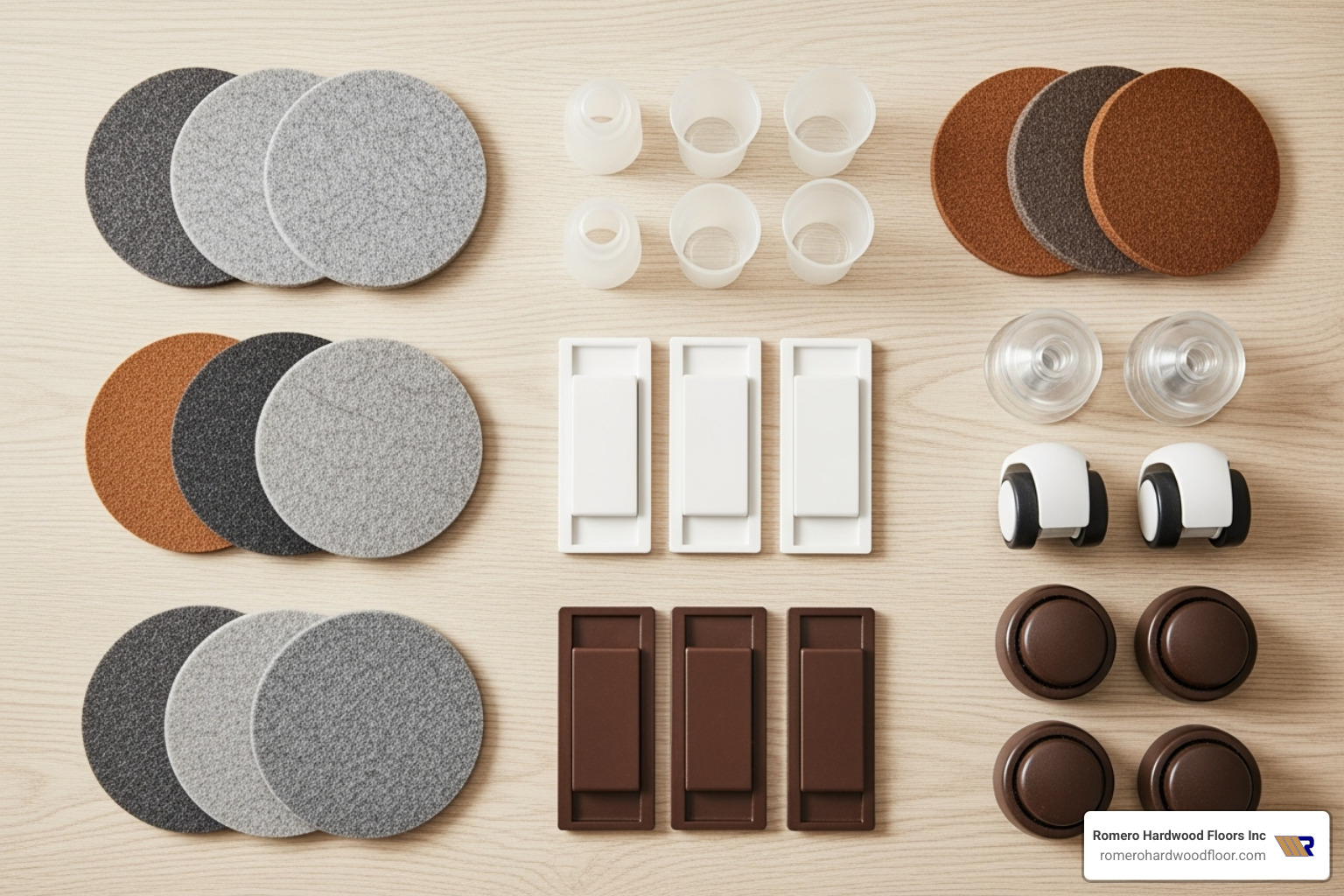 various types of furniture coasters arranged neatly on a wood background - coasters for furniture