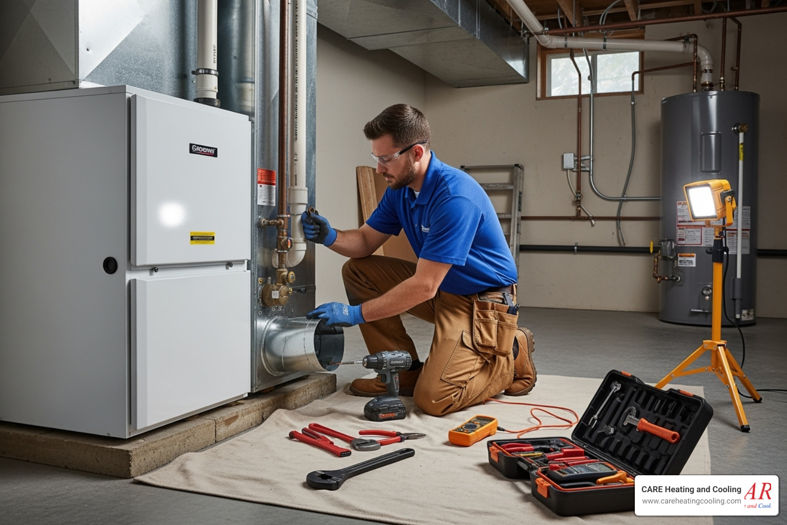 Professional technician carefully installing a new furnace - furnace installation westerville Professional technician carefully installing a new furnace - furnace installation westerville