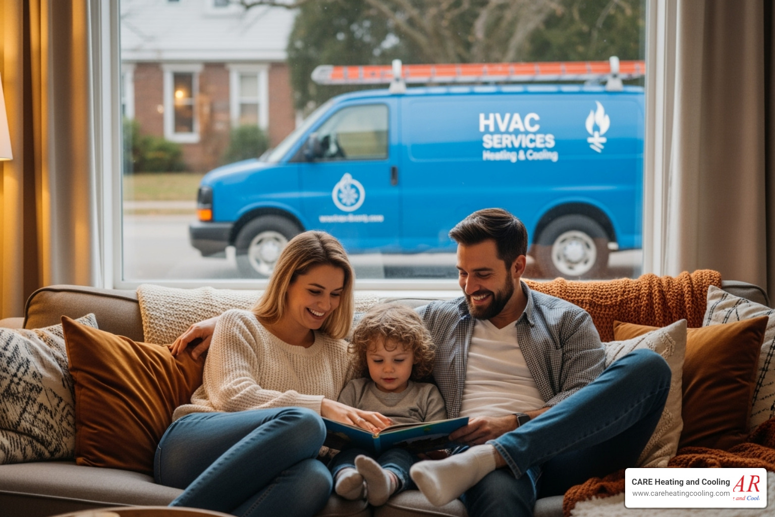 Happy family in a warm home with a CARE Heating and Cooling van visible outside the window - furnace installation westerville Happy family in a warm home with a CARE Heating and Cooling van visible outside the window - furnace installation westerville