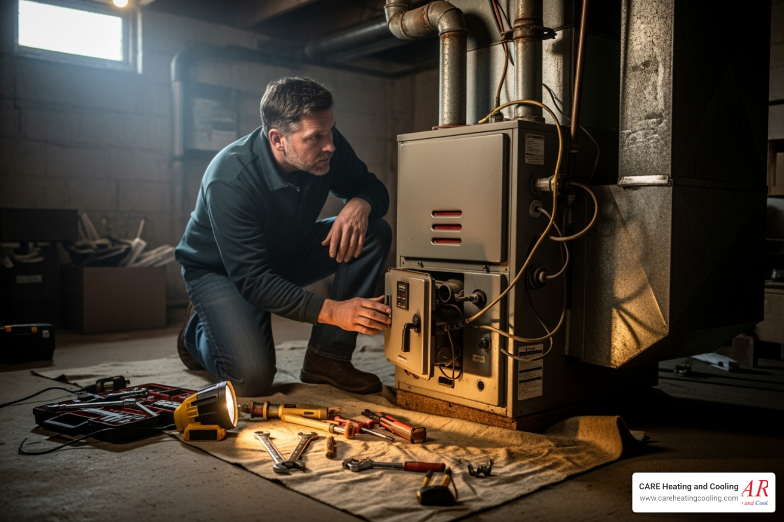 A homeowner looking concerned at an old, noisy furnace in a dimly lit basement, with tools scattered around - electric furnace installation westerville