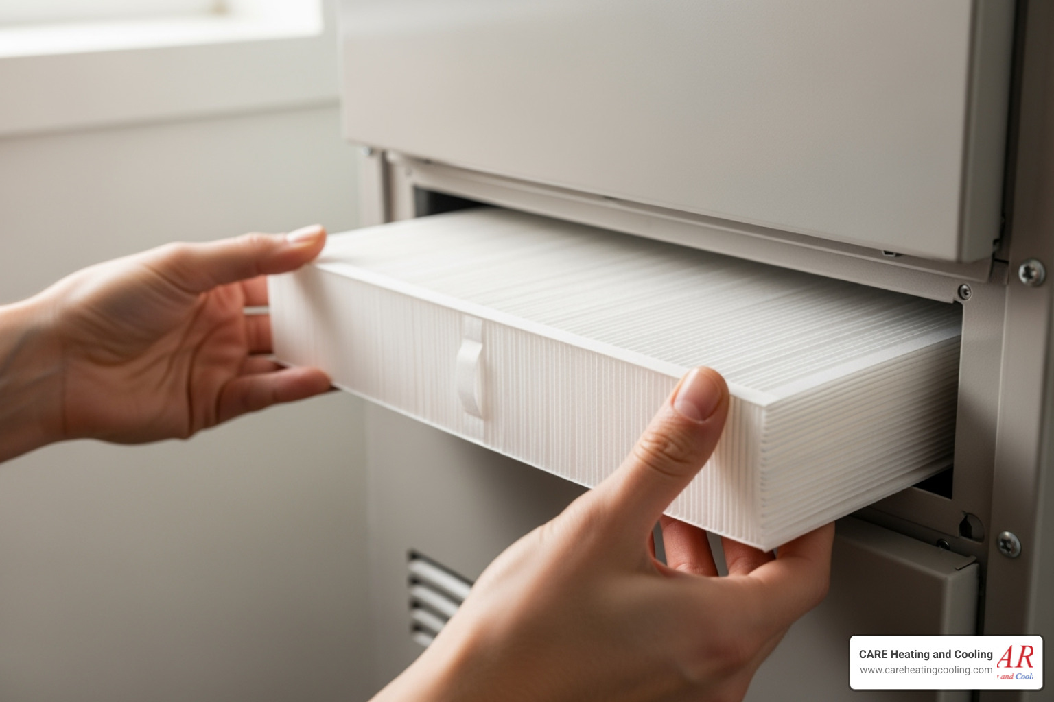 A clean, new furnace filter being inserted into a unit, highlighting the importance of regular maintenance - electric furnace installation westerville