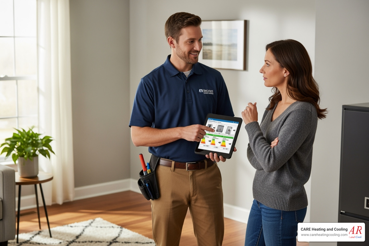 A friendly HVAC technician discussing furnace options and energy efficiency with a homeowner in a well-lit living room - electric furnace installation westerville