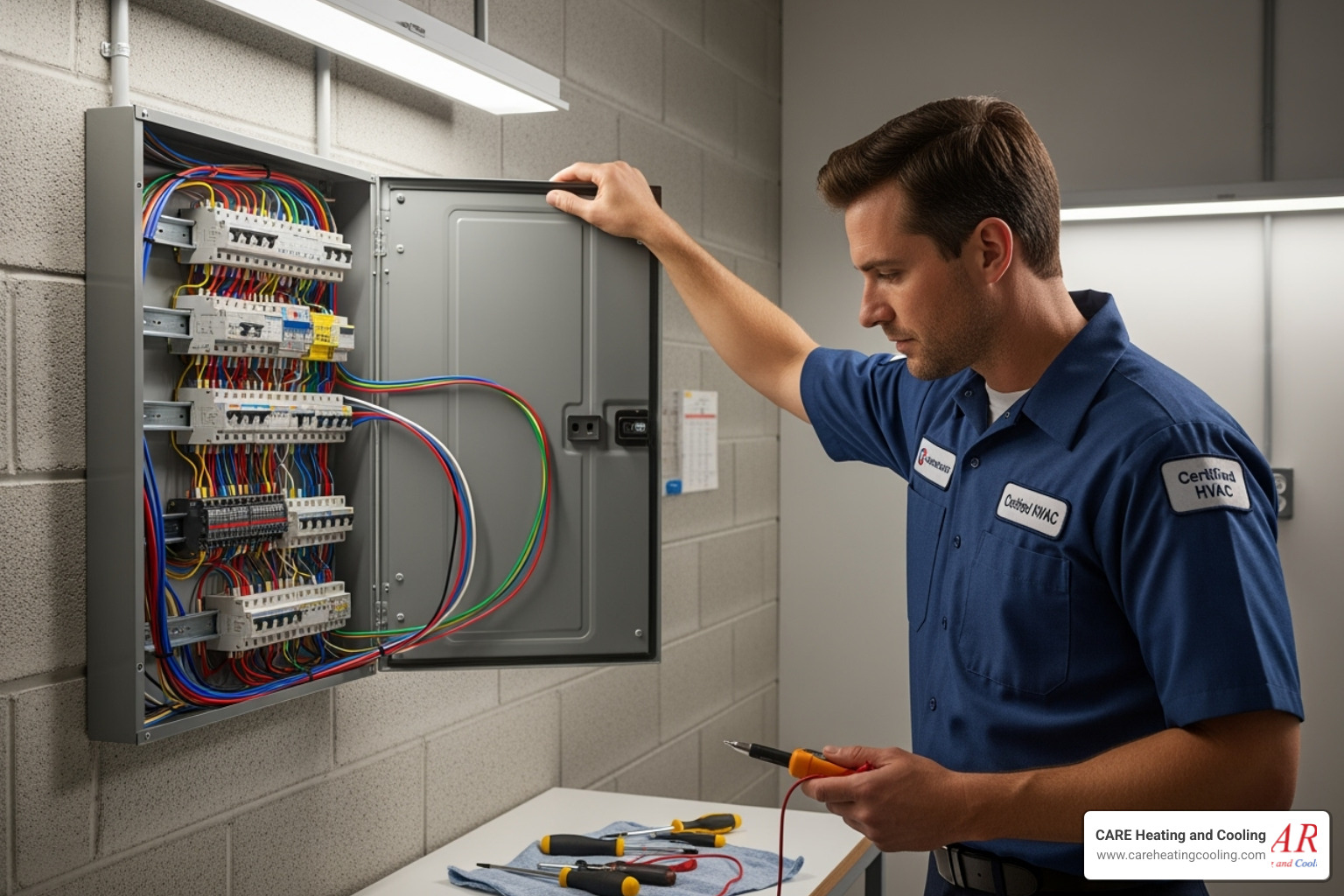 A certified HVAC technician examining a home's electrical panel, with various wires and circuit breakers visible - electric furnace installation westerville