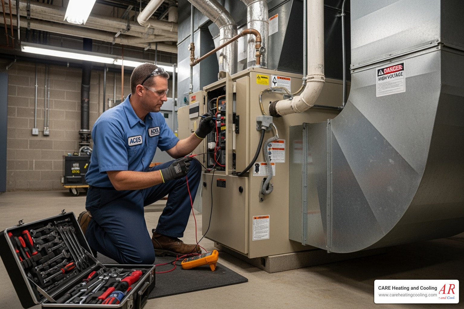 HVAC technician performing maintenance on a commercial furnace - commercial furnace installation westerville HVAC technician performing maintenance on a commercial furnace - commercial furnace installation westerville