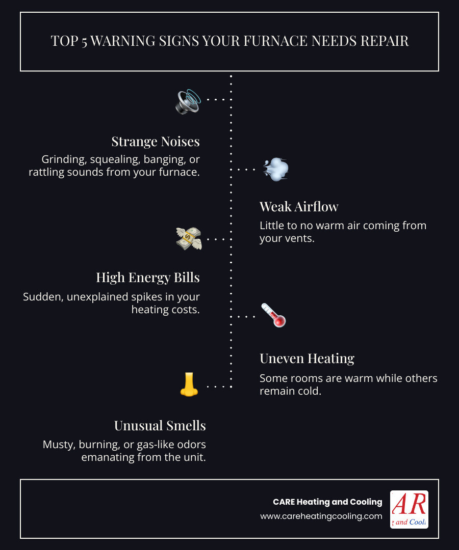 Infographic showing the top 5 warning signs your furnace needs repair: 1. Strange noises like grinding or squealing, 2. Weak or no airflow from vents, 3. Sudden spikes in energy bills, 4. Uneven temperatures throughout your home, 5. Unusual musty or burning smells - best furnace repair westerville infographic infographic-line-5-steps-dark