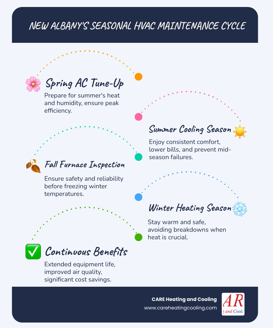 infographic showing the seasonal HVAC maintenance cycle for New Albany homes with spring AC tune-up, summer cooling season, fall furnace inspection, winter heating season, and benefits of each service period including cost savings and breakdown prevention - hvac maintenance new albany infographic infographic-line-5-steps-blues-accent_colors