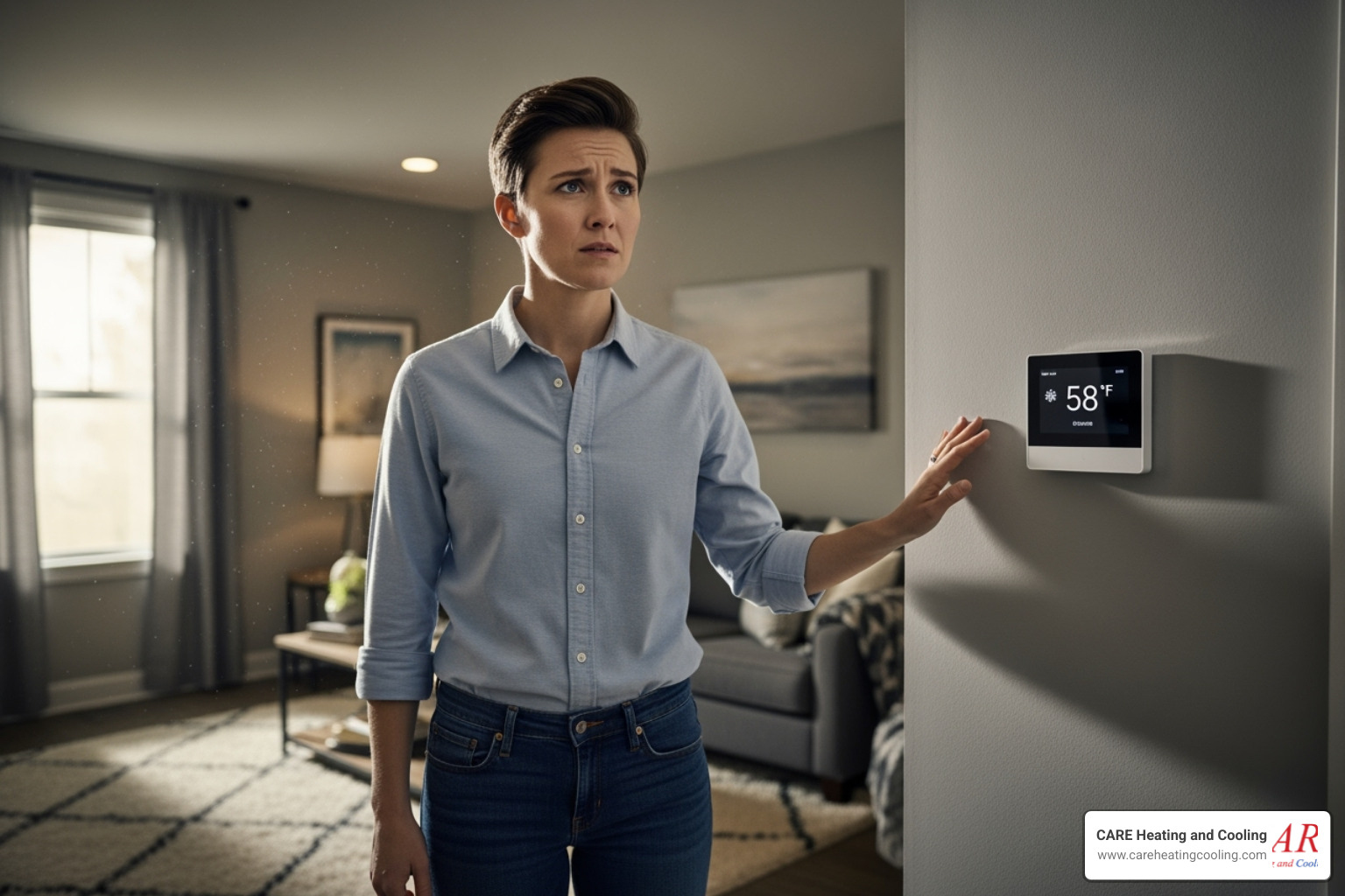 A homeowner looks at their thermostat with a concerned expression, indicating a furnace issue - best furnace repair westerville