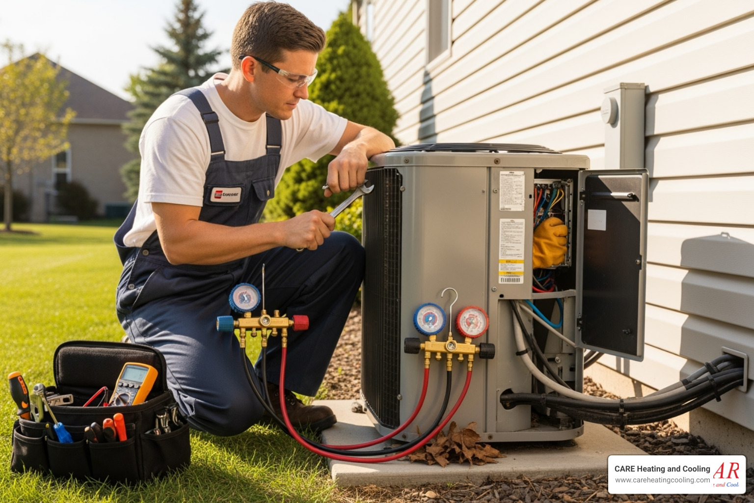 Technician professionally servicing an outdoor AC unit - hvac maintenance new albany