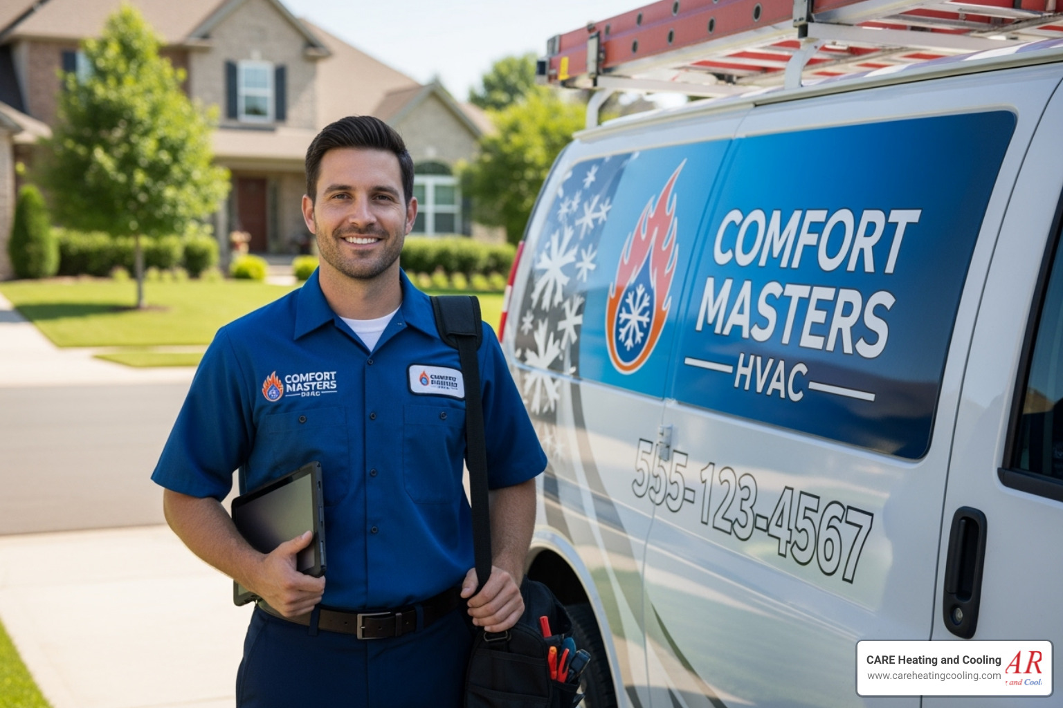 A professional, friendly technician standing next to a service vehicle, ready to assist - best furnace repair westerville