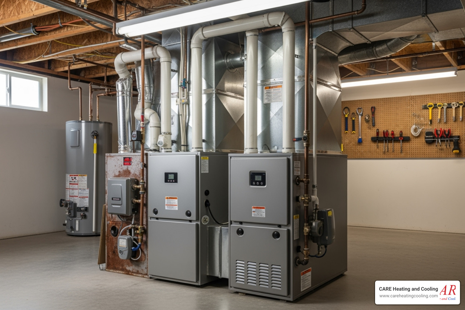 new modern furnace next to an older one - furnace repair new albany