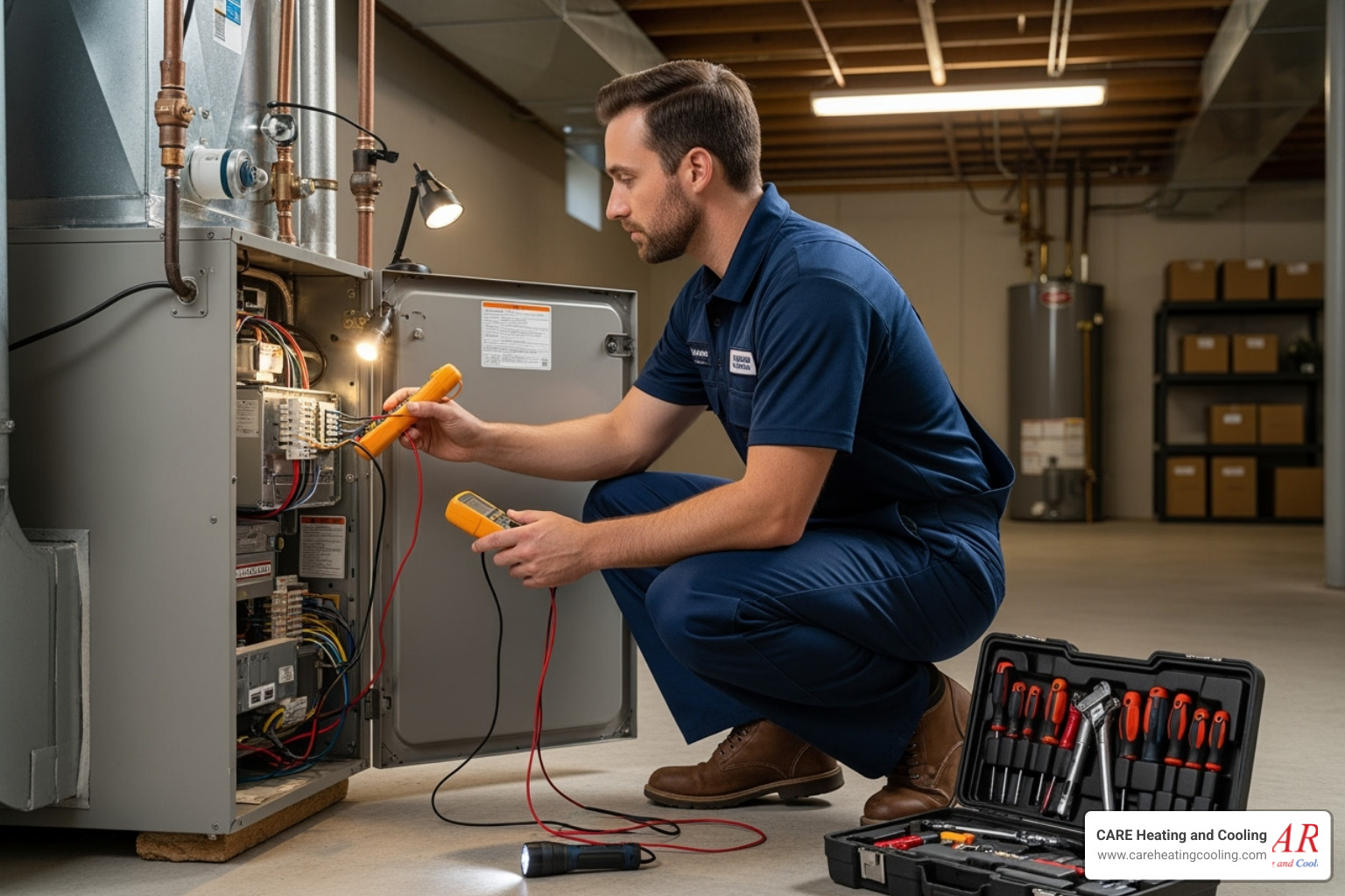 HVAC technician inspecting a furnace unit - furnace repair new albany
