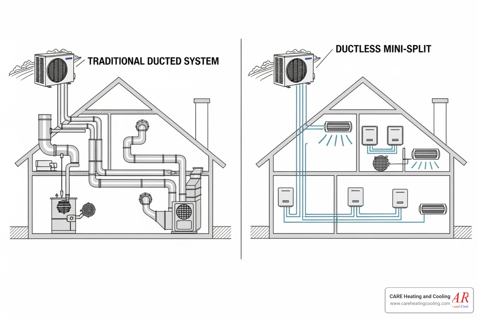 diagrams of standard ducted system vs ductless mini-split system - heat pump service new albany