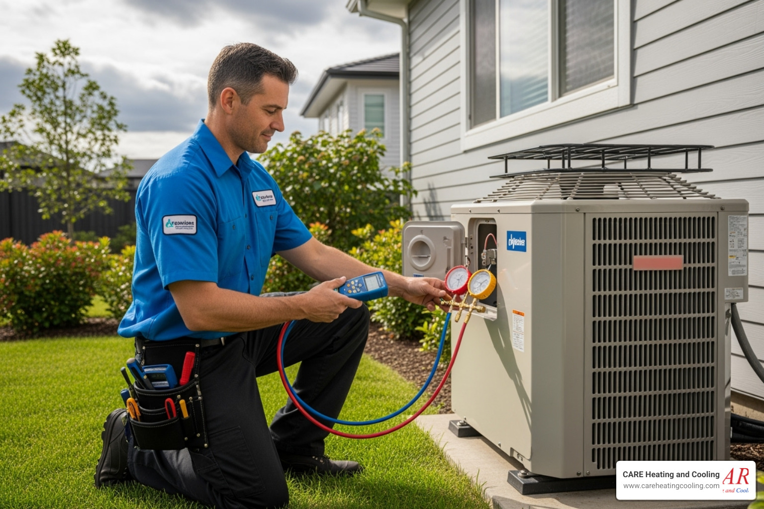 professional technician servicing outdoor heat pump unit - heat pump service new albany
