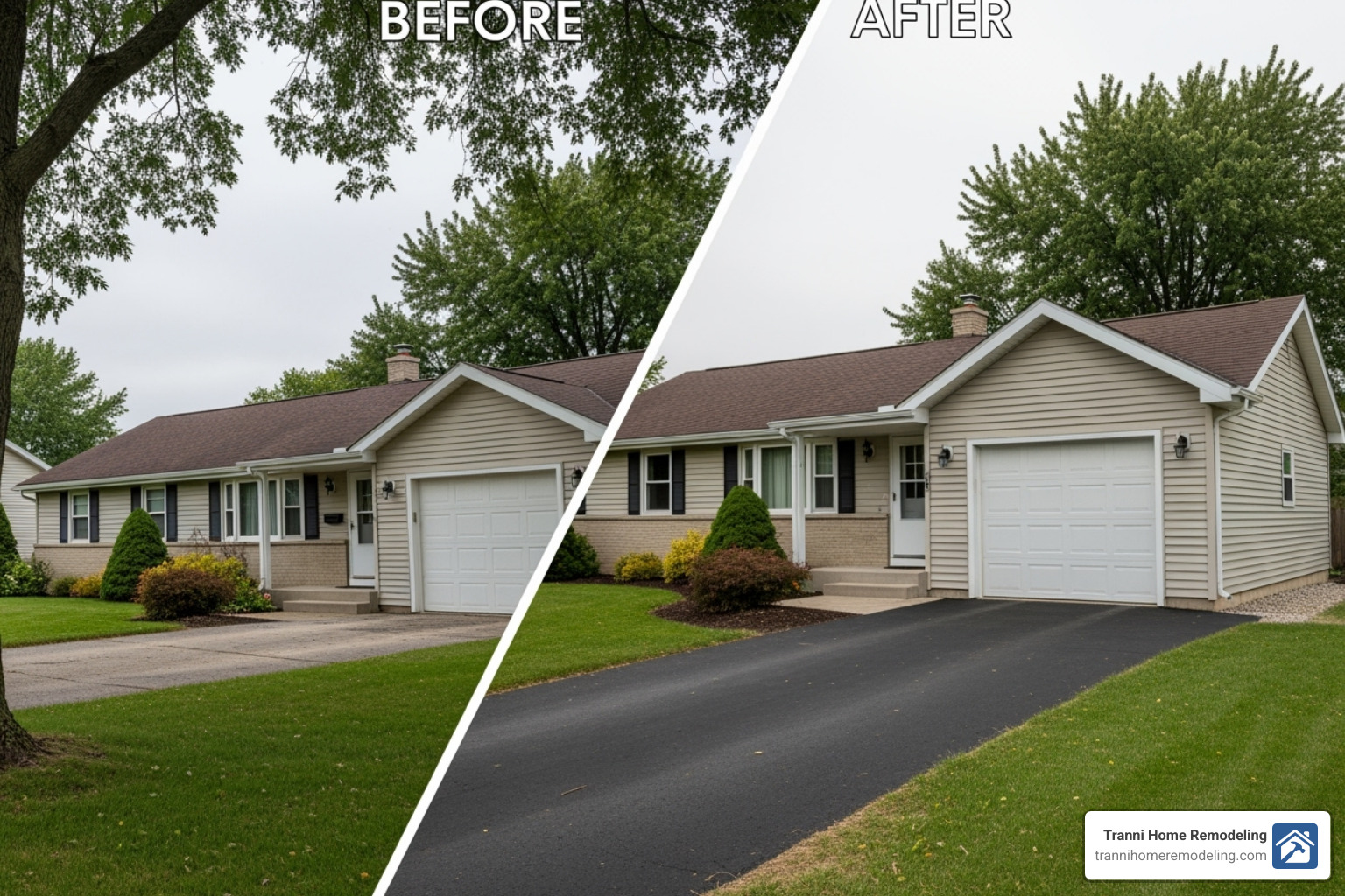 before-and-after collage of a ranch house garage addition project - ranch house garage addition