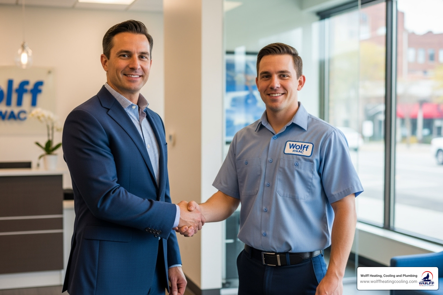 Business owner shaking hands with a uniformed Wolff HVAC technician - commercial heating contractor rio rancho