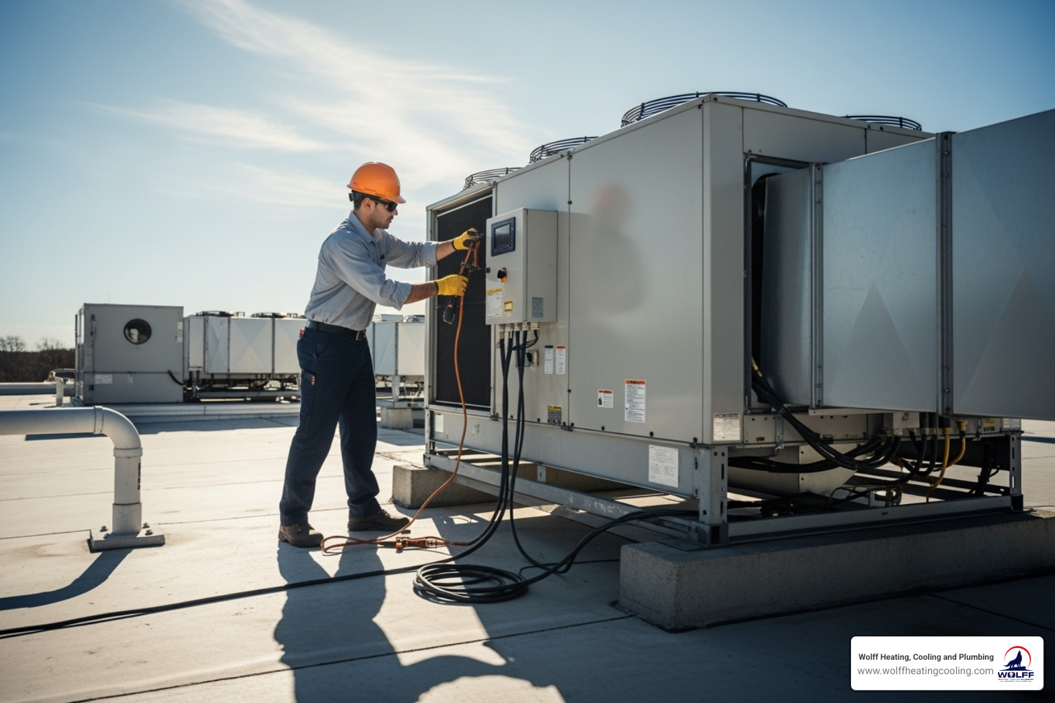 Wolff technician servicing a large commercial rooftop HVAC unit - commercial heating contractor rio rancho