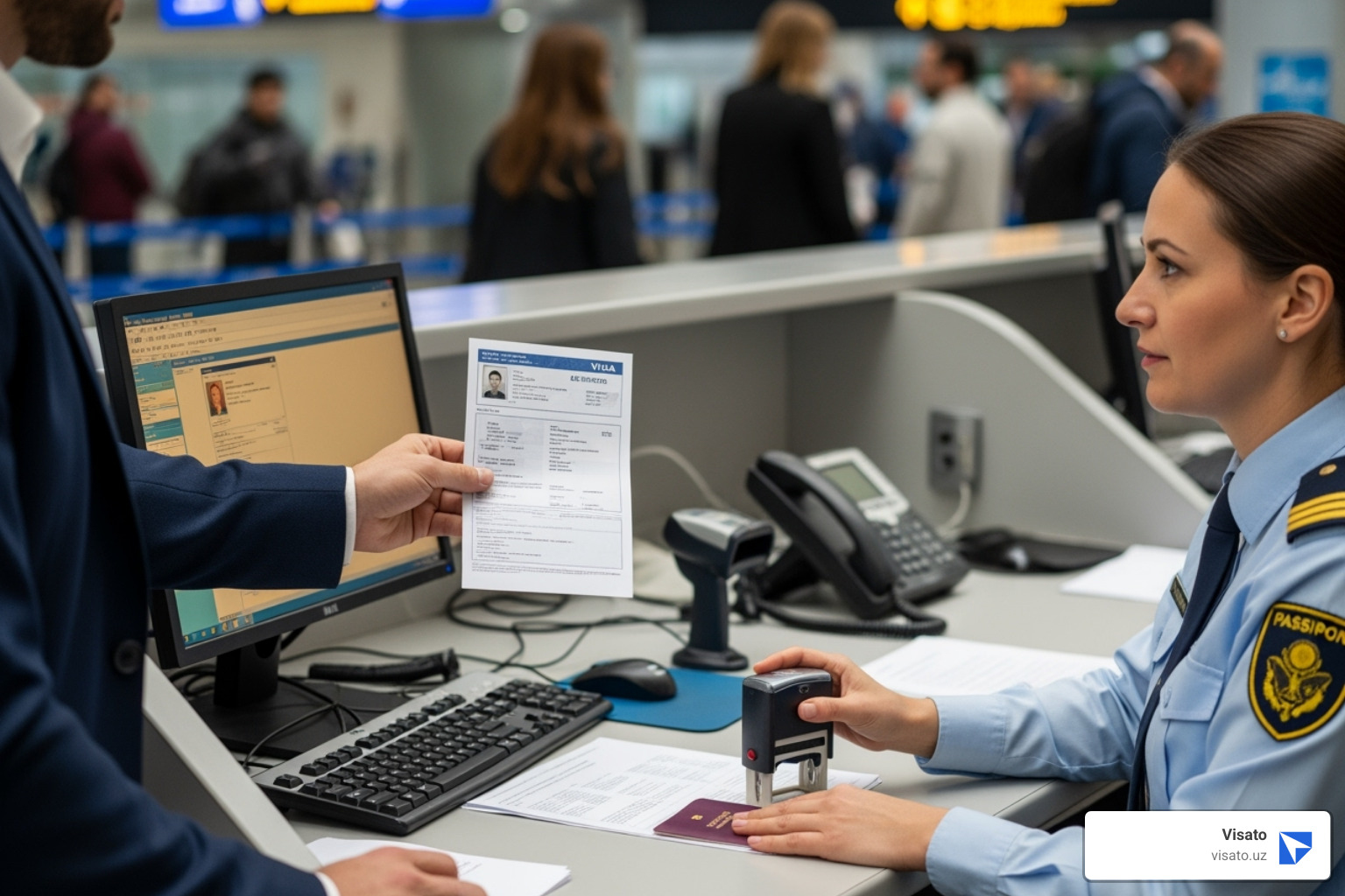 Traveler showing a printed e-visa to an immigration officer - how to get tourist visa for uzbekistan Traveler showing a printed e-visa to an immigration officer - how to get tourist visa for uzbekistan