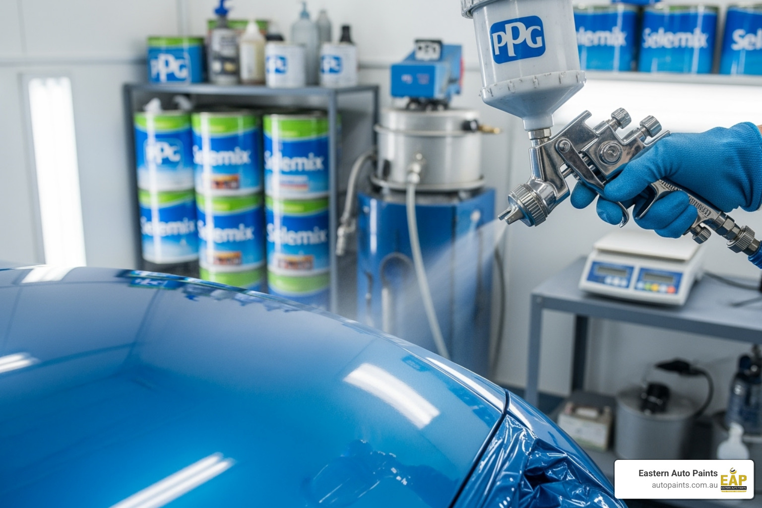 Technician applying a vibrant blue topcoat with a spray gun, using the quality PPG Selemix paint system in a professional booth.