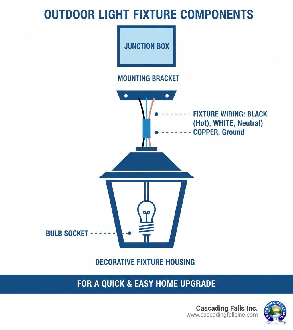 infographic showing outdoor light fixture components including junction box at top, mounting bracket in middle, fixture wiring with color-coded wires black white and copper, decorative fixture housing, and bulb socket, with labels pointing to each component - replacing outdoor light fixture infographic infographic showing outdoor light fixture components including junction box at top, mounting bracket in middle, fixture wiring with color-coded wires black white and copper, decorative fixture housing, and bulb socket, with labels pointing to each component - replacing outdoor light fixture infographic