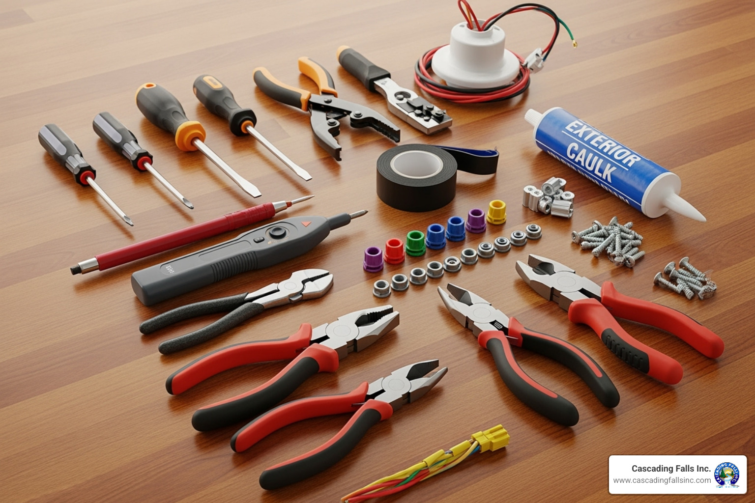 all necessary tools and materials neatly laid out on a workbench - replacing outdoor light fixture all necessary tools and materials neatly laid out on a workbench - replacing outdoor light fixture