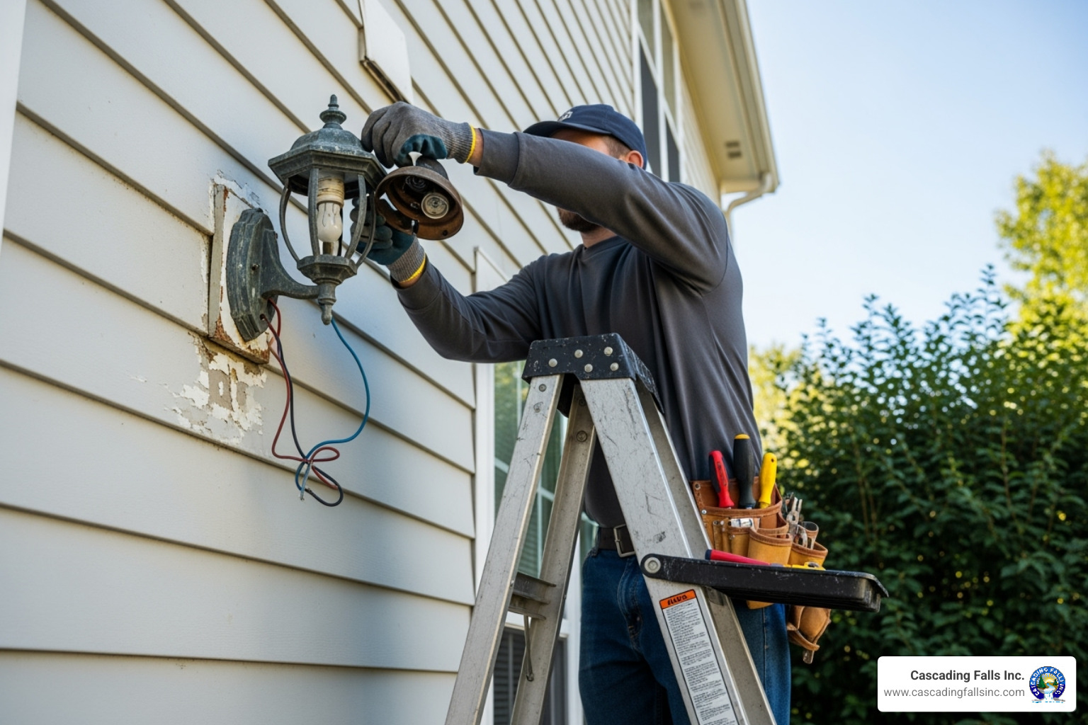 person safely working on a ladder to remove an old light fixture - replacing outdoor light fixture person safely working on a ladder to remove an old light fixture - replacing outdoor light fixture