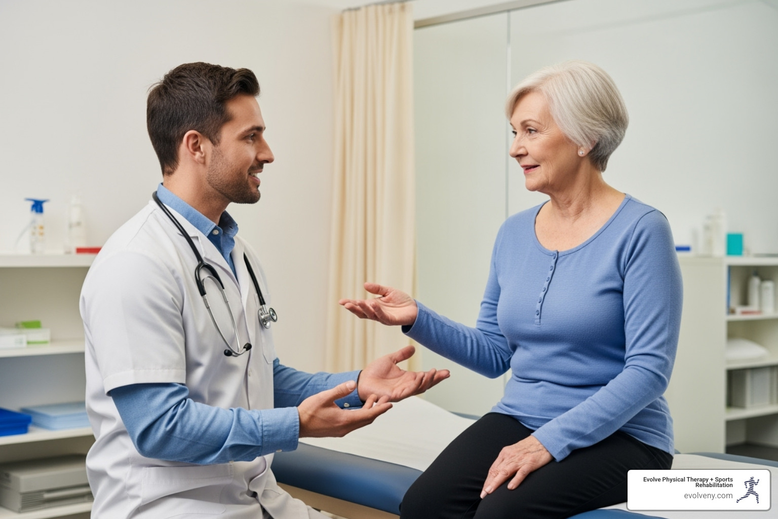 senior talking with physical therapist - gentle exercises for seniors