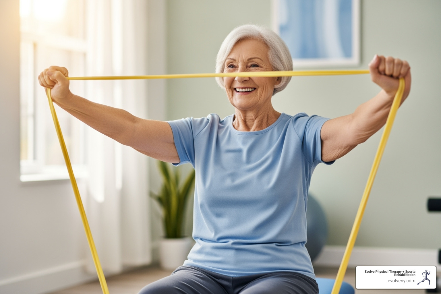 senior smiling while doing seated arm raise with light resistance band - gentle exercises for seniors