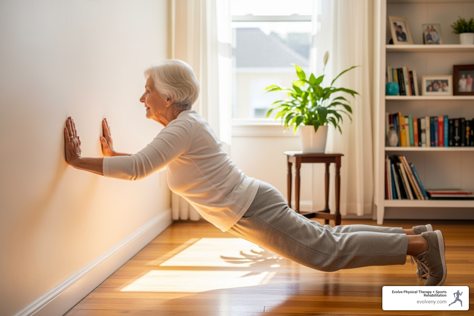 senior doing wall push-up for stability - gentle exercises for seniors