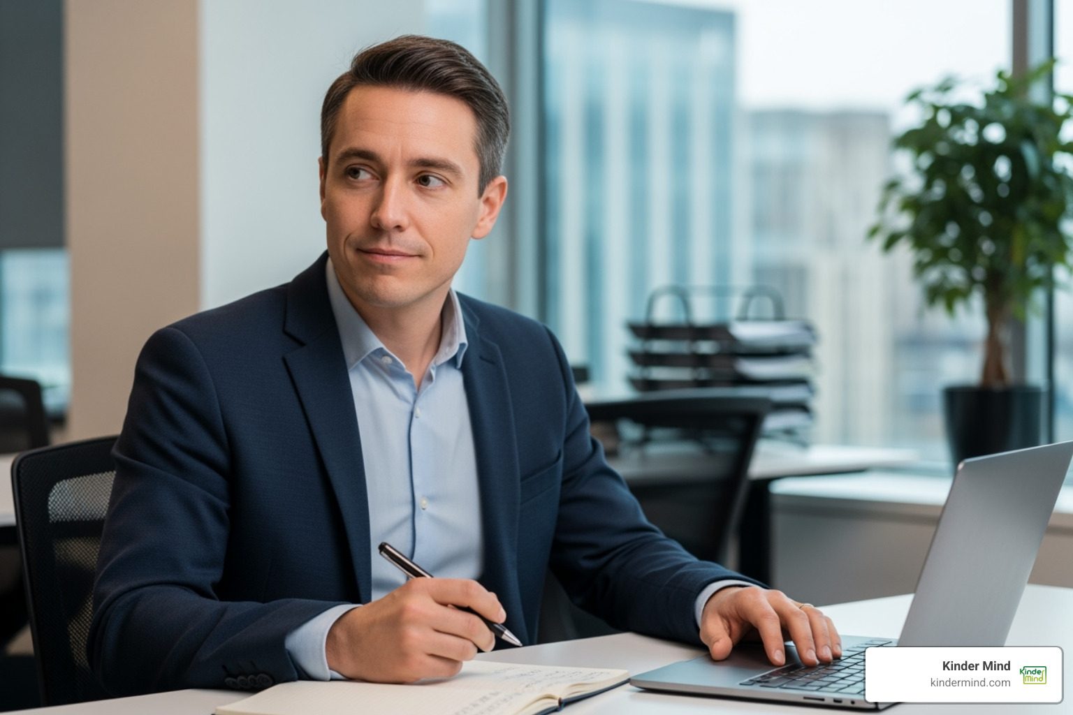 person looking thoughtful yet composed in a professional setting - high functioning depression