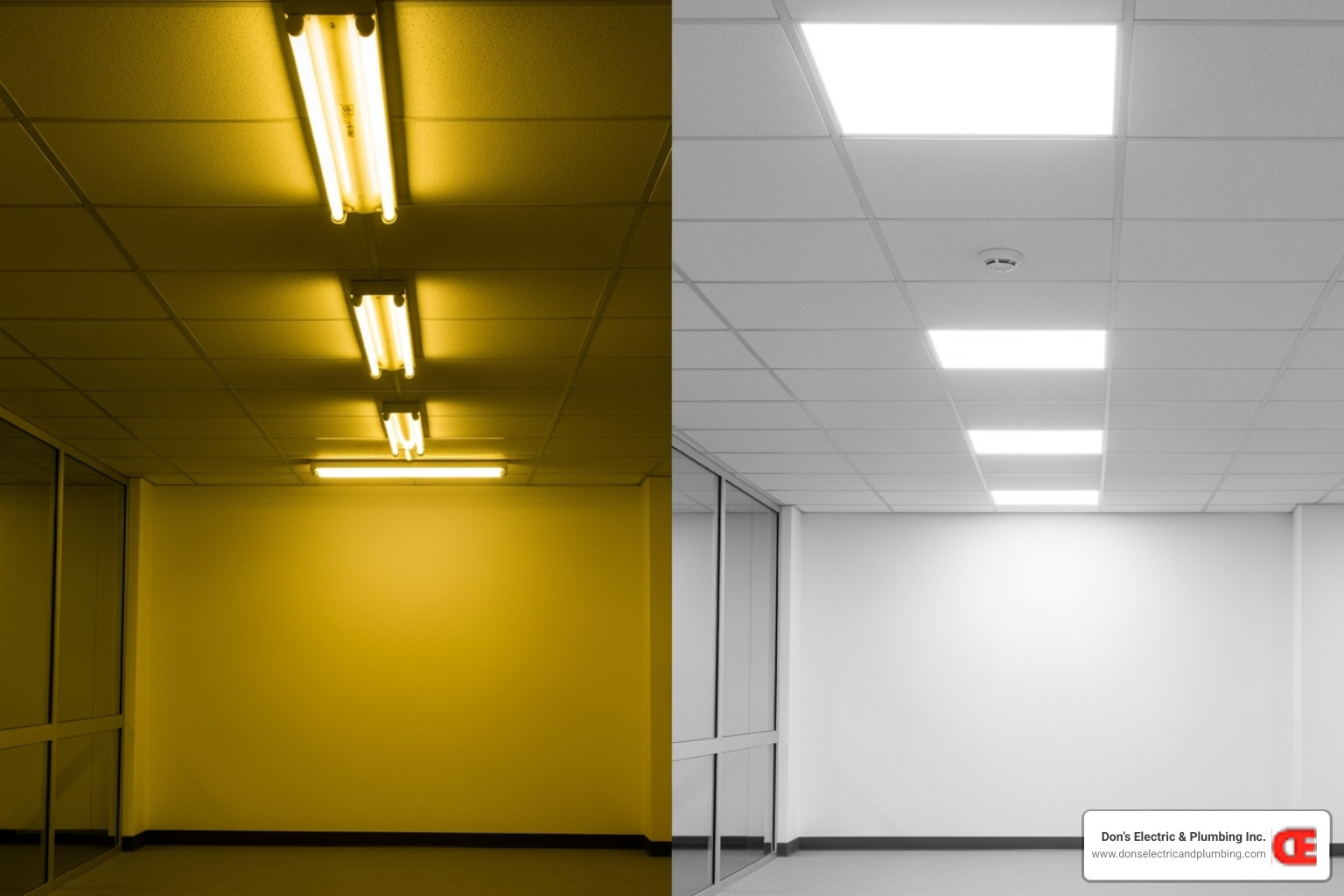 side-by-side comparison of an area lit with old fluorescent tubes vs. new LED panels - commercial lighting cobleskill