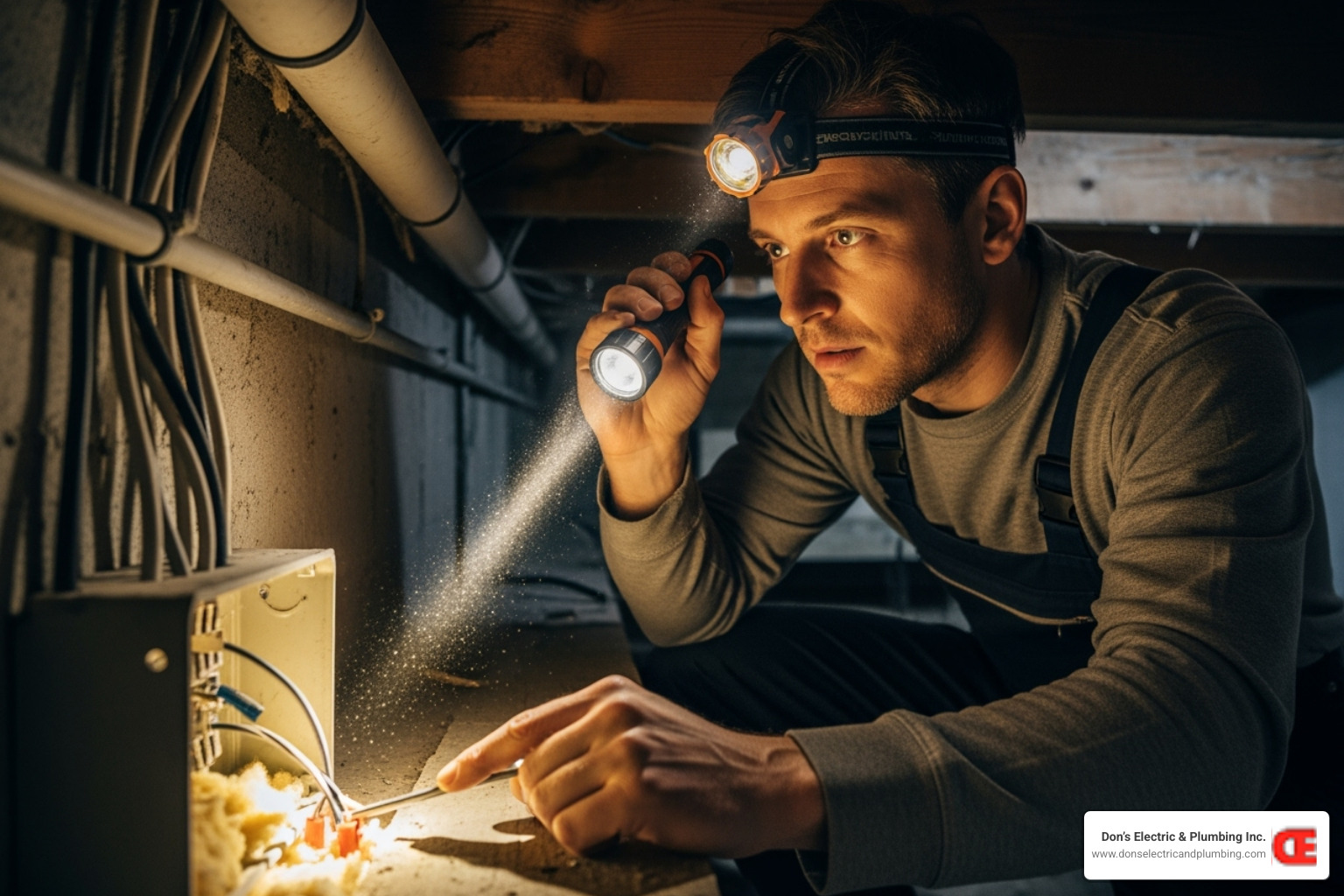 A licensed electrician carefully examining wiring in an attic or basement, holding a flashlight and looking at connections and insulation. - electrical safety inspection gloversville