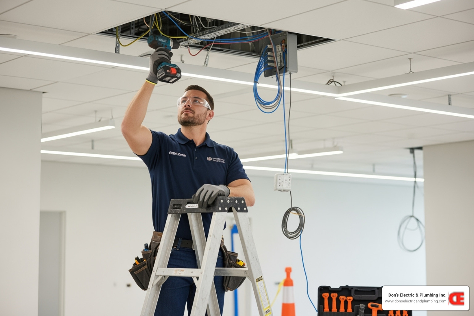 professional electrician safely installing a commercial light fixture - commercial lighting cobleskill