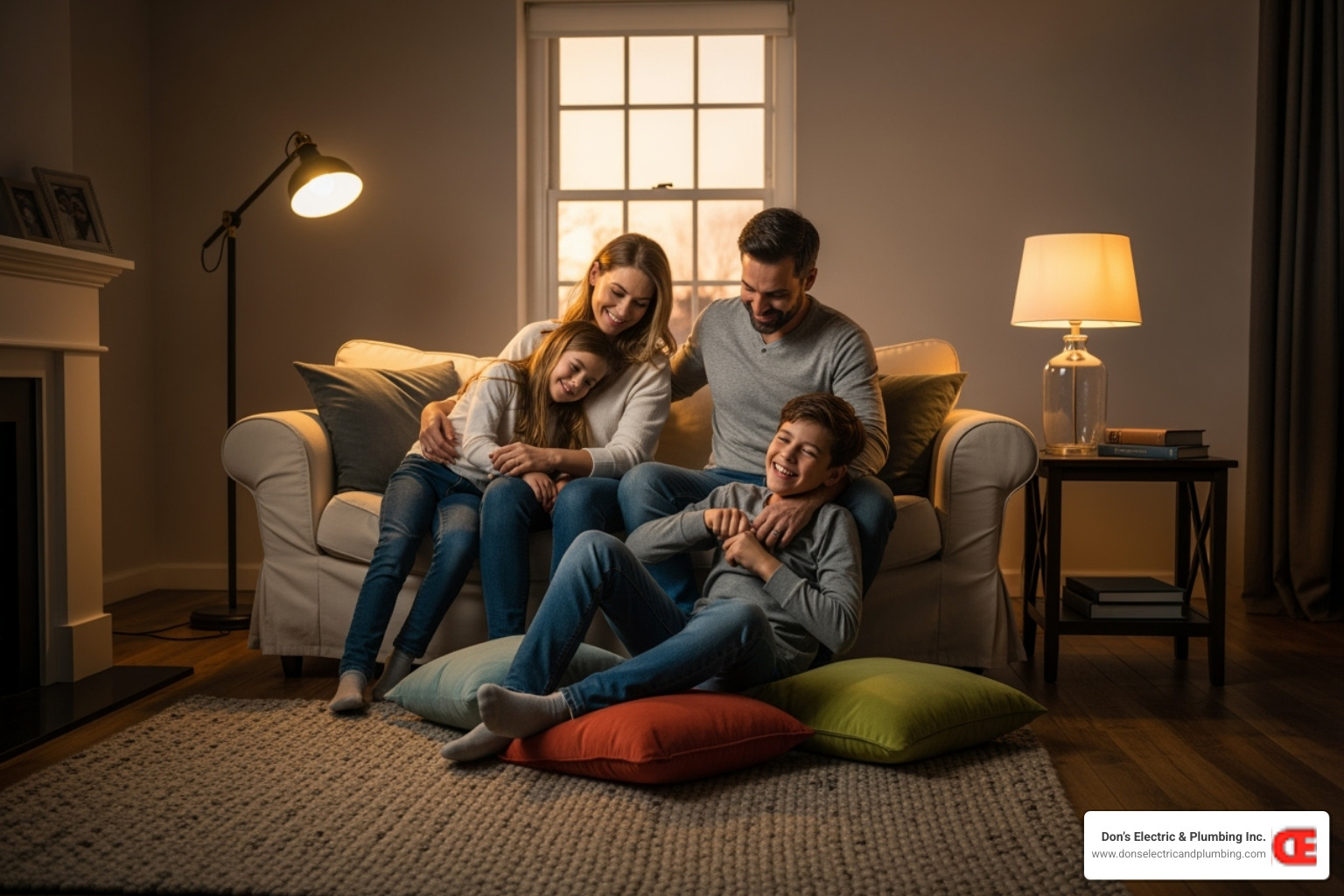 A family enjoying their well-lit, safe living room, with a warm, inviting atmosphere, showcasing the peace of mind that comes from a safe home. - electrical safety inspection gloversville