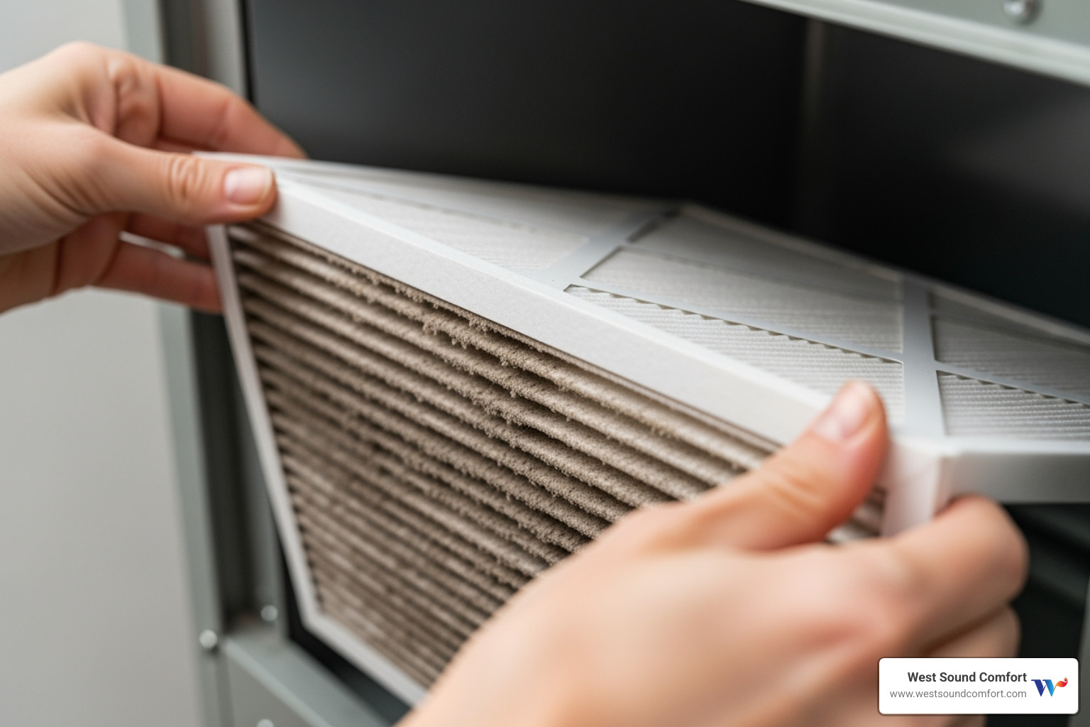 homeowner changing a dirty air filter - hvac making noise in poulsbo, wa