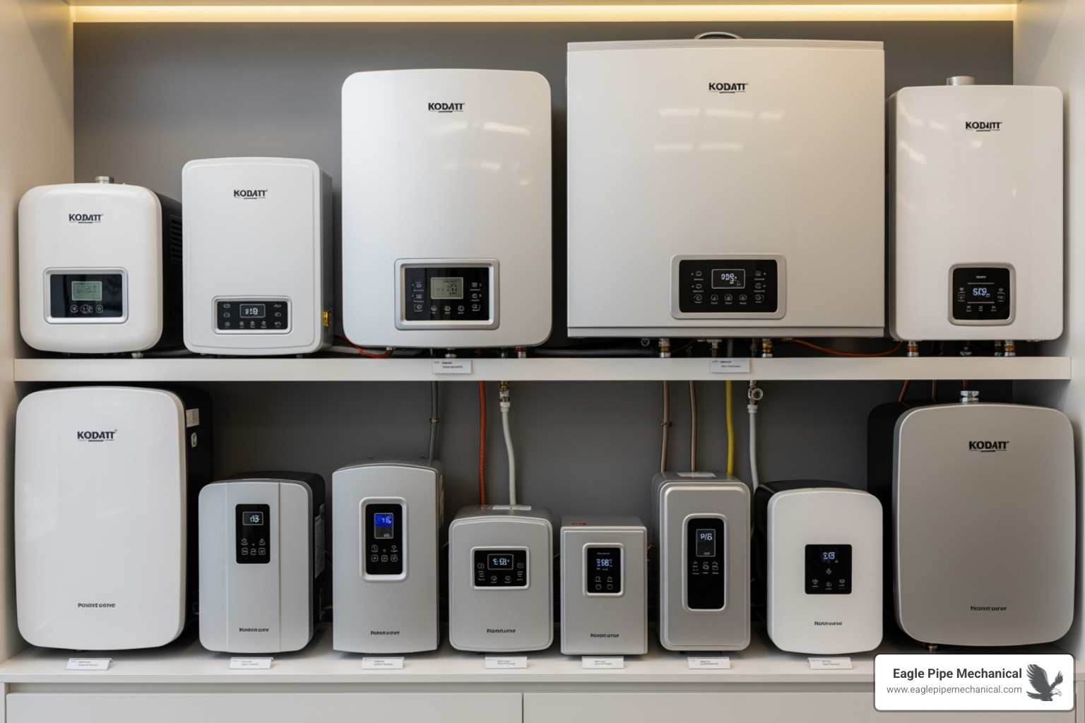 A selection of different sized tankless water heater units, from small point-of-use models to larger whole-home systems, arranged to illustrate the range of options available. - tankless water heater hansville A selection of different sized tankless water heater units, from small point-of-use models to larger whole-home systems, arranged to illustrate the range of options available. - tankless water heater hansville